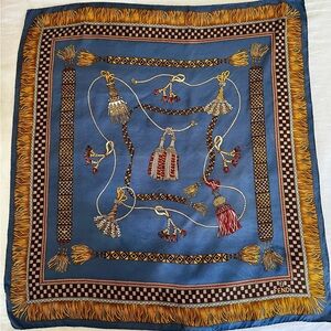Fendi Vintage Blue Silk Scarf with Gold and Brown Tassel Motif